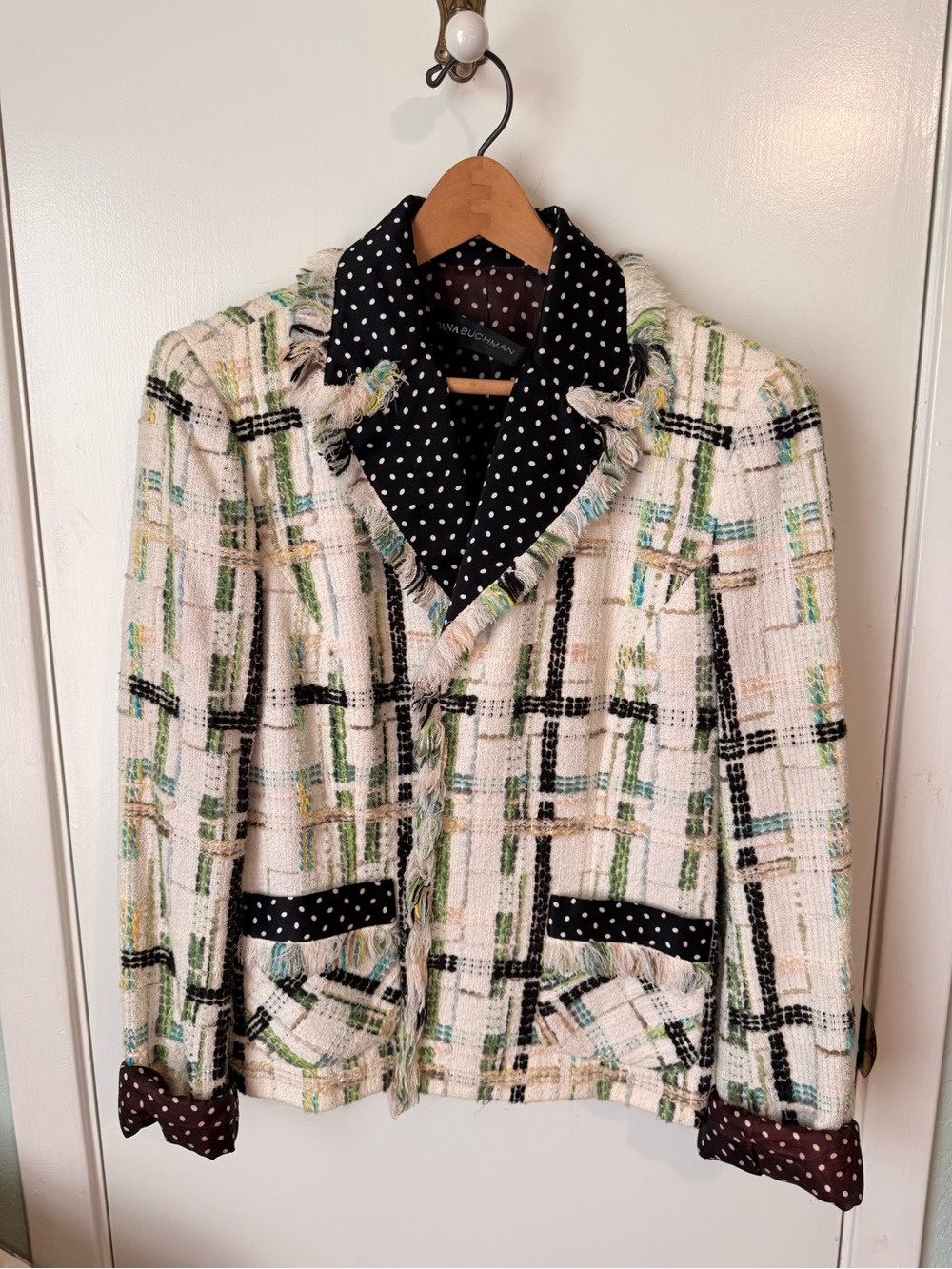 Dana Buchman Cream Tweed Plaid Blazer with Black Polka Dot Trim